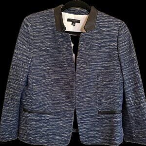 Ann Taylor Woman's 12P Blazer, Blue & Black Tweed(Woven) w/ Black Leather Accent
